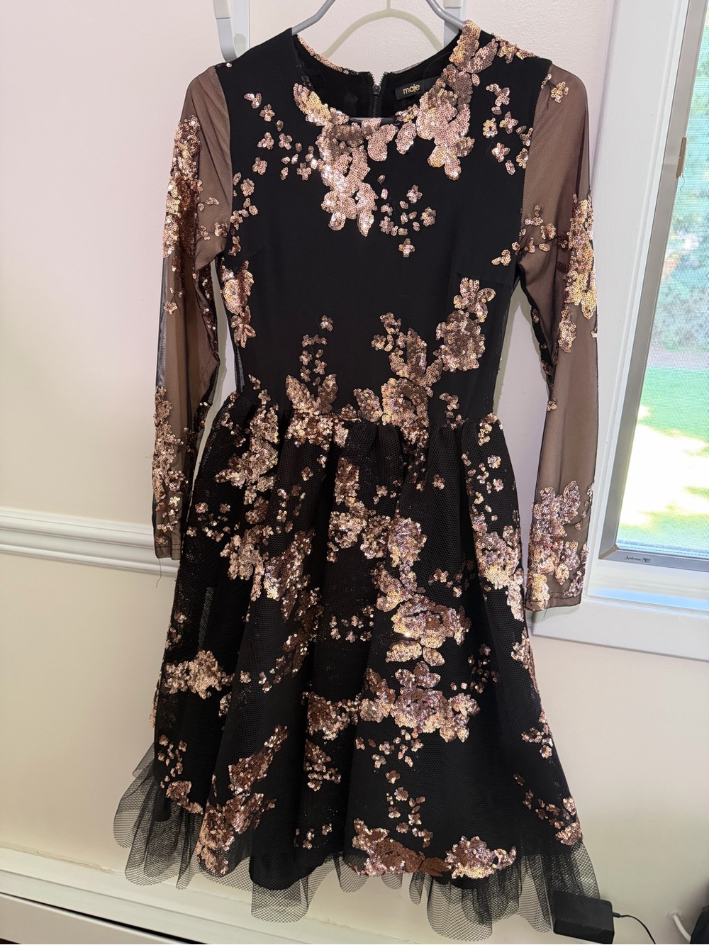 Maje Black Cocktail Dress with Rose Gold Sequin Floral Embellishment